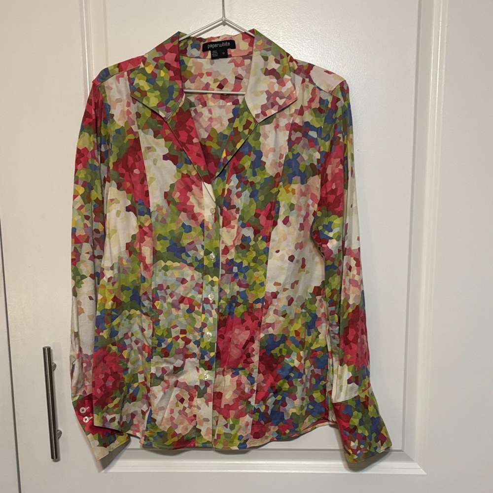 Paperwhite Multicolor Floral-Print Button-Down Shirt with French Cuffs - Picture 2 of 14